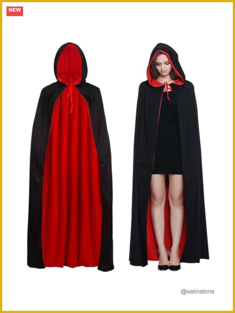 Unisex Reversible Hooded Cape Vampire Witch Cloak Costume Robe
